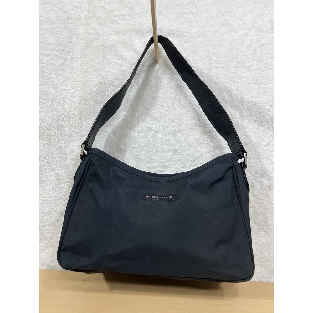Tommy Hilfiger Navy Nylon Baguette Shoulder Bag Black Leather Strap Y2K